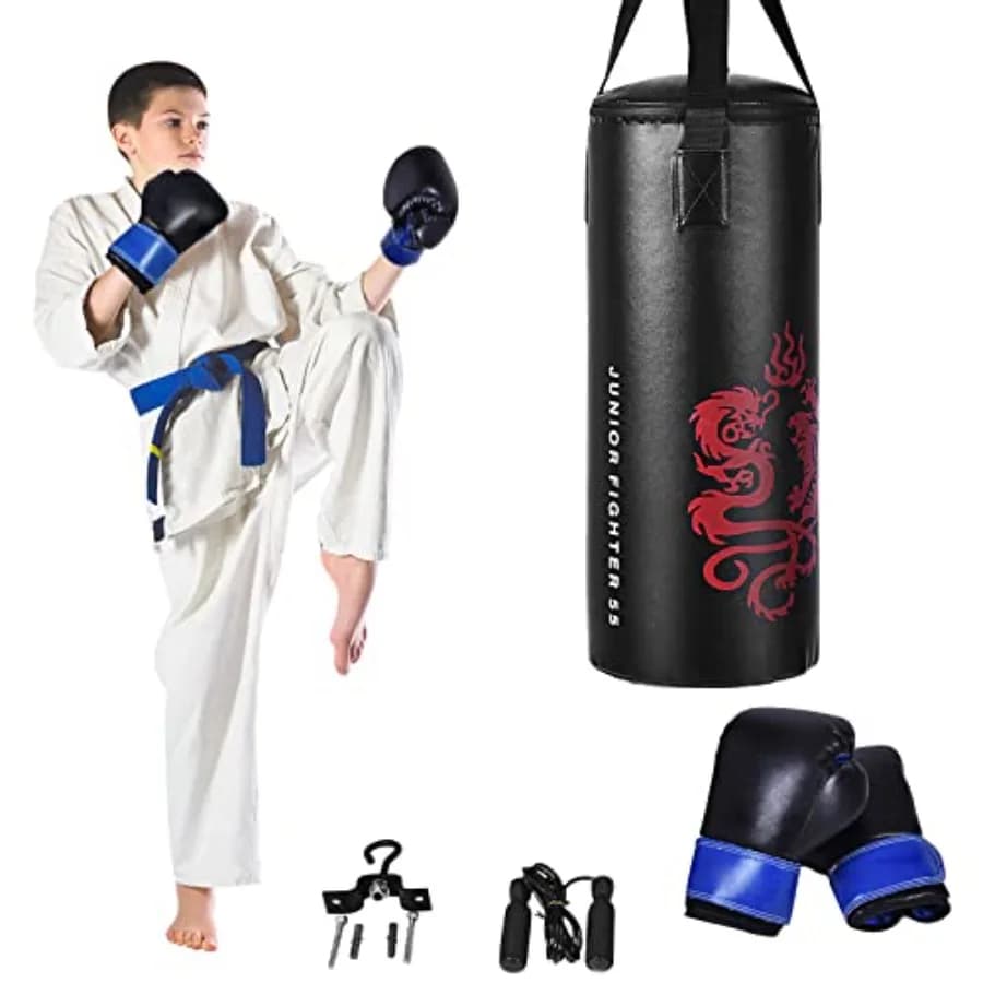 Sacco da Boxe da 60 cm, Set Boxe Resistente con Guanti e Corda per Saltare, Palla da Kickboxing Riempita per Ragazzi, Sacco da Calcio da Parete per Bambini