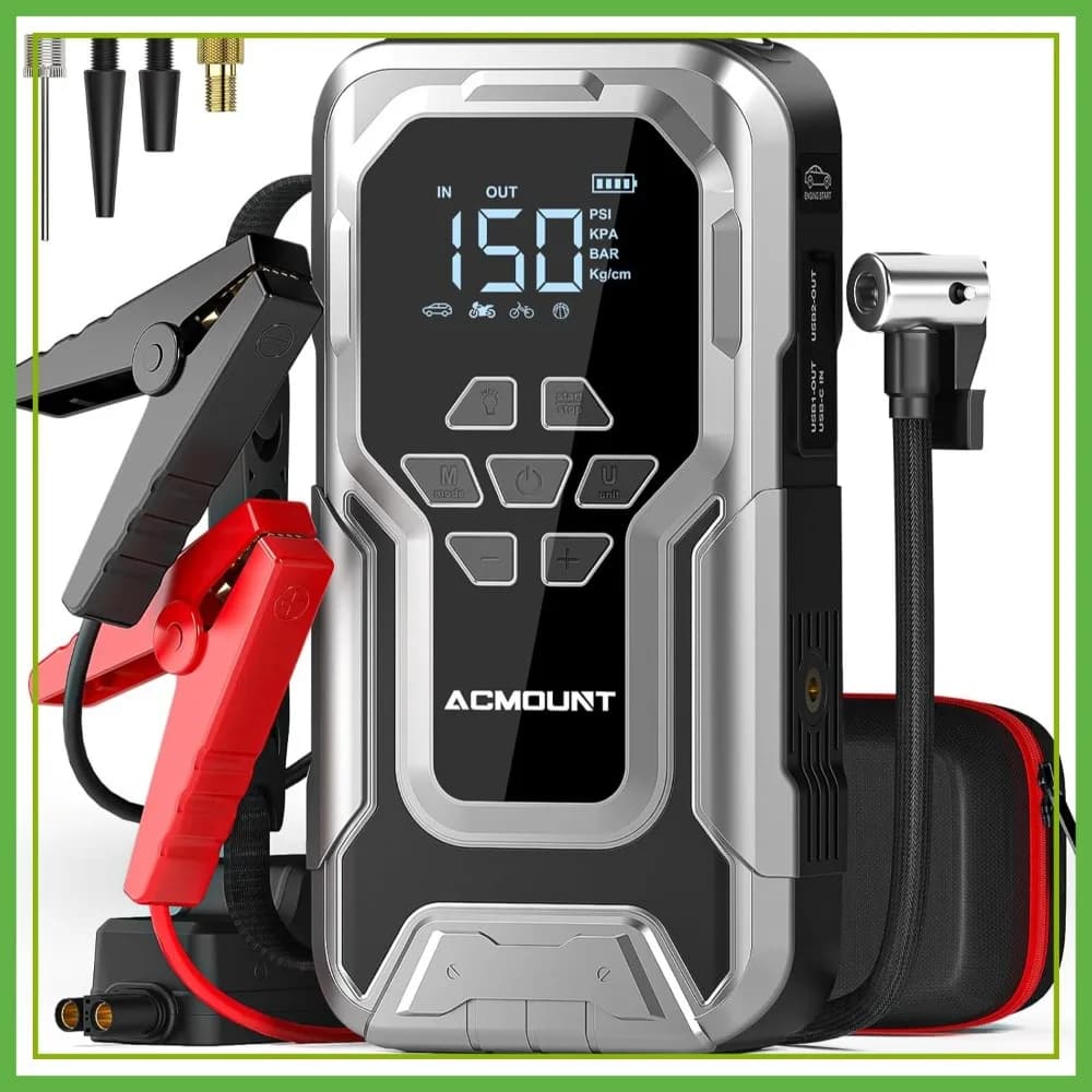 Avviatore di Emergenza 6000A con Compressore d'Aria, Gonfiatore Pneumatici 150PSI per Tutti i Veicoli a Benzina e Diesel, Batteria di Emergenza 12V per Auto, Kit di Emergenza
