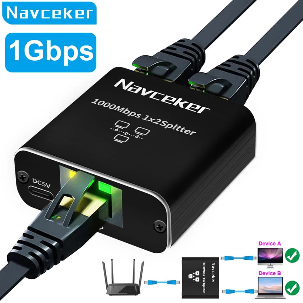 Navceker RJ45 1 Gb 1 to 2-way splitter connector adapter Lan Ethernet Splitter Gigabit coupling Connect laptop network cable