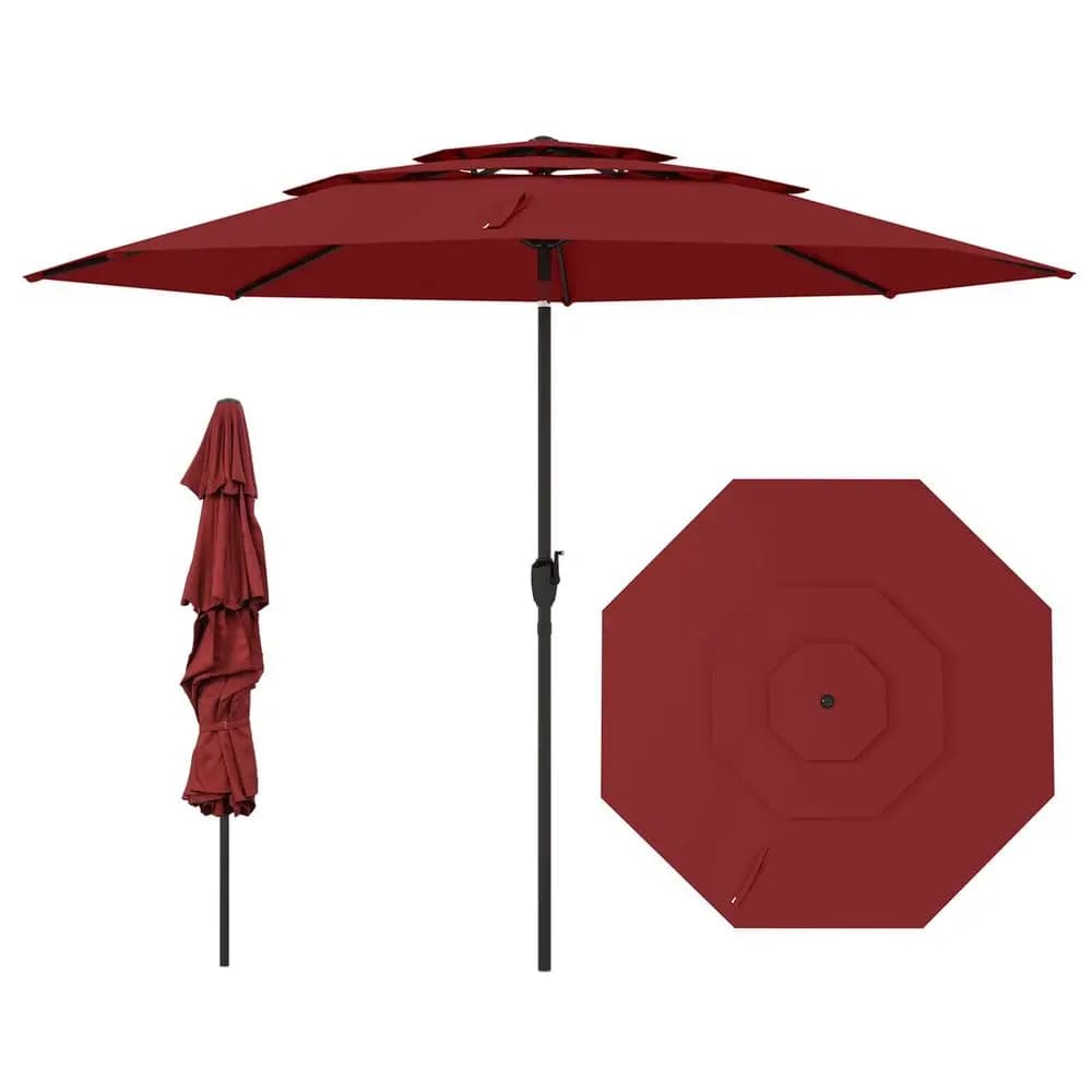 10 t 3-tier Vented Patio Umbrella Large Market Table Umbrella Outdoor Sun Shade Red