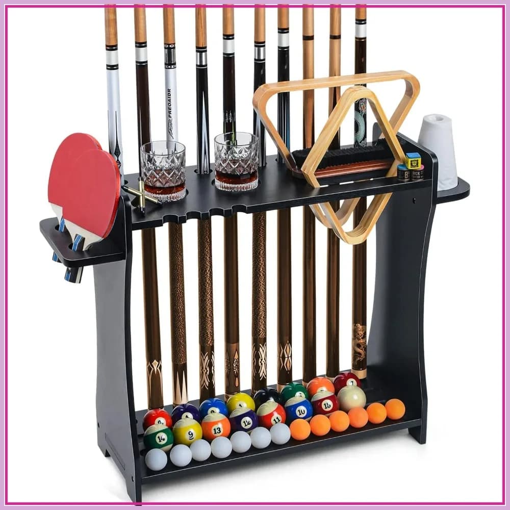 Portastecche e Portapaddle 2-IN-1 per Biliardo e Ping Pong, in Legno Massello, Contiene 9 Stecche e Palline, Organizzatore per Sala Giochi