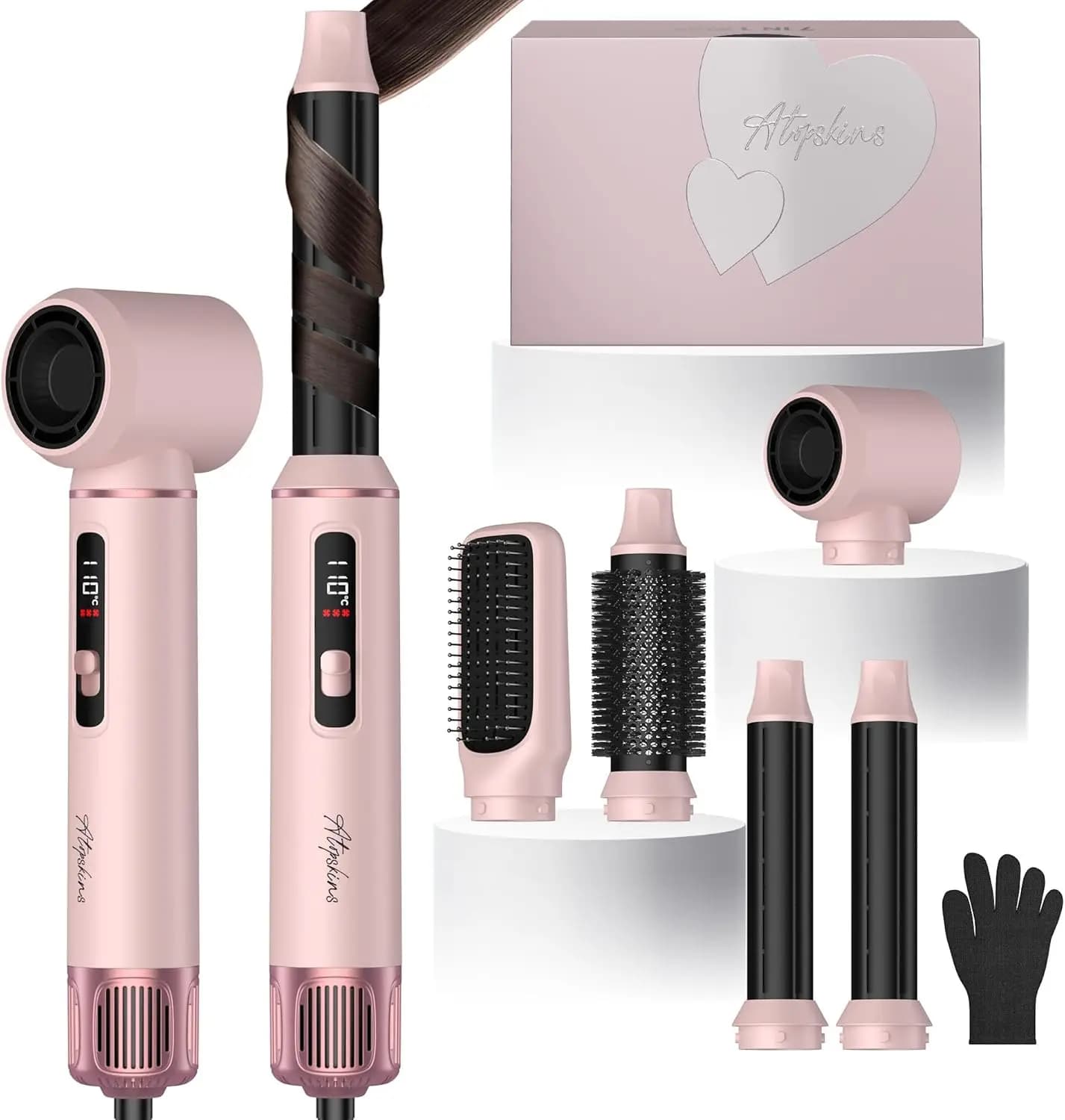 Air Styler Brush Calda 5 in 1, 1000W Hair Dryer with LCD Display, Automatic Rotating Hair Dryer for Moisturizing, Fast Drying, Wrinkling, Multistyling Tool for All Hair Types with 3 Levels (Rosa)