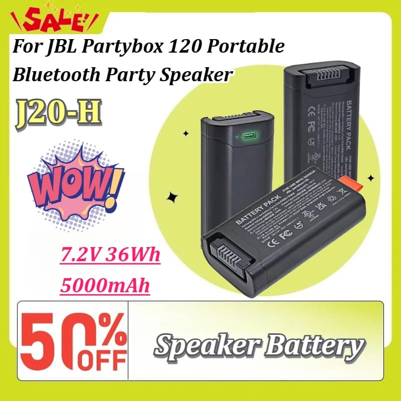High-Capacity 7.2V 36Wh 5000mAh Li-ion Replacement Speaker Battery J20-H for JBL Partybox 120 Portable Bluetooth Party Speaker