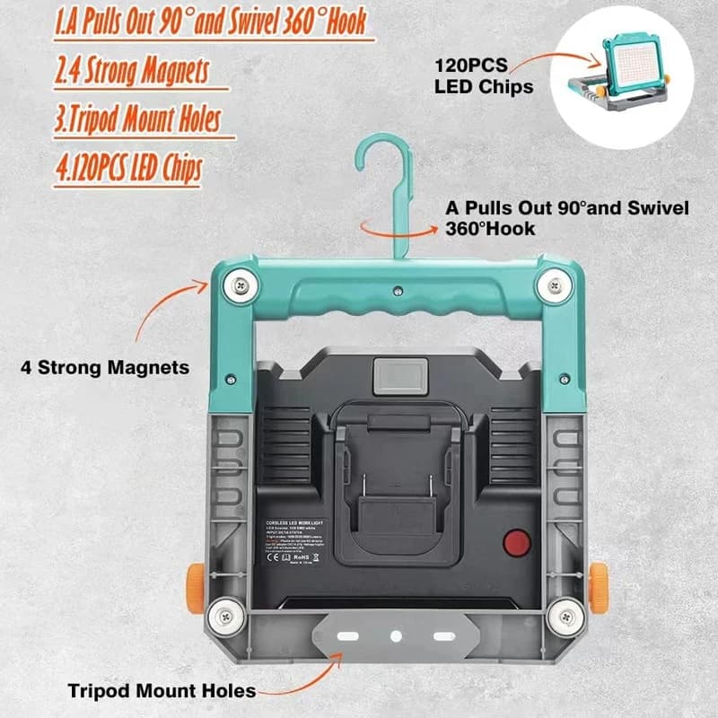 NUOVO per Makita/Bosch/Milwaukee/Black Decker Lampada da lavoro a LED pieghevole con batteria agli ioni di litio 18V/20V per esterni