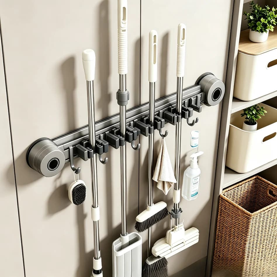 Bathroom Wall Storage Rack No Drill Suction Cup Mop Clamp Heavy Duty Broom Hanging Hooks