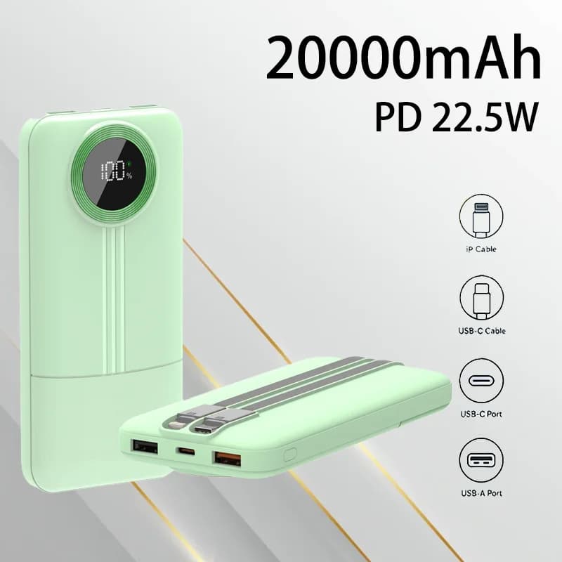 Power Bank da 22.5W con Cavo Integrato, Ricarica Rapida, 20000mAh, Lunga Durata, Batteria Portatile per Smartphone e Uso Quotidiano
