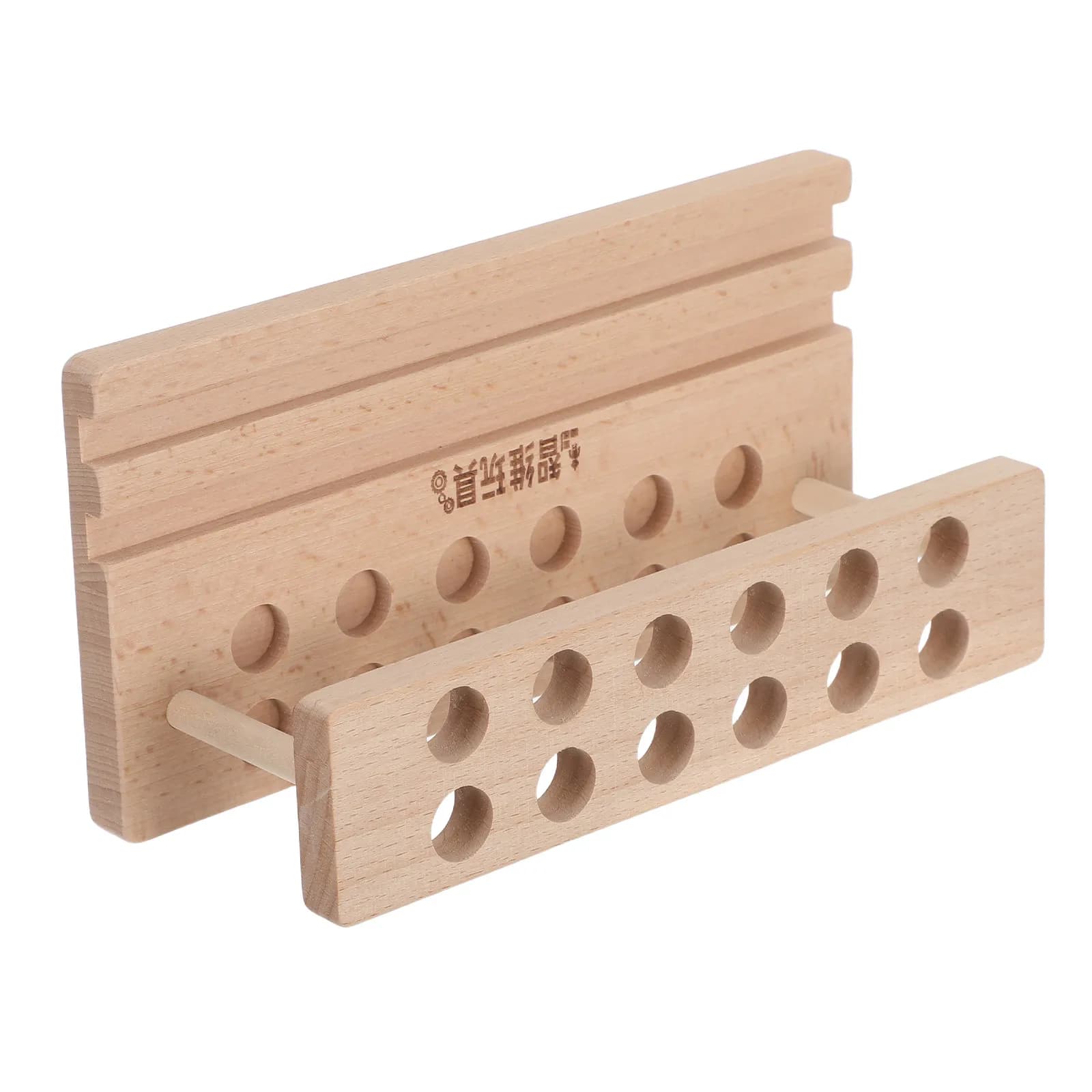12-Slot Wooden Makeup Brush Organizer Pen Holder Stand with Phone Holder Rustic Desk Vanity Office Decor Natural Wood Grain