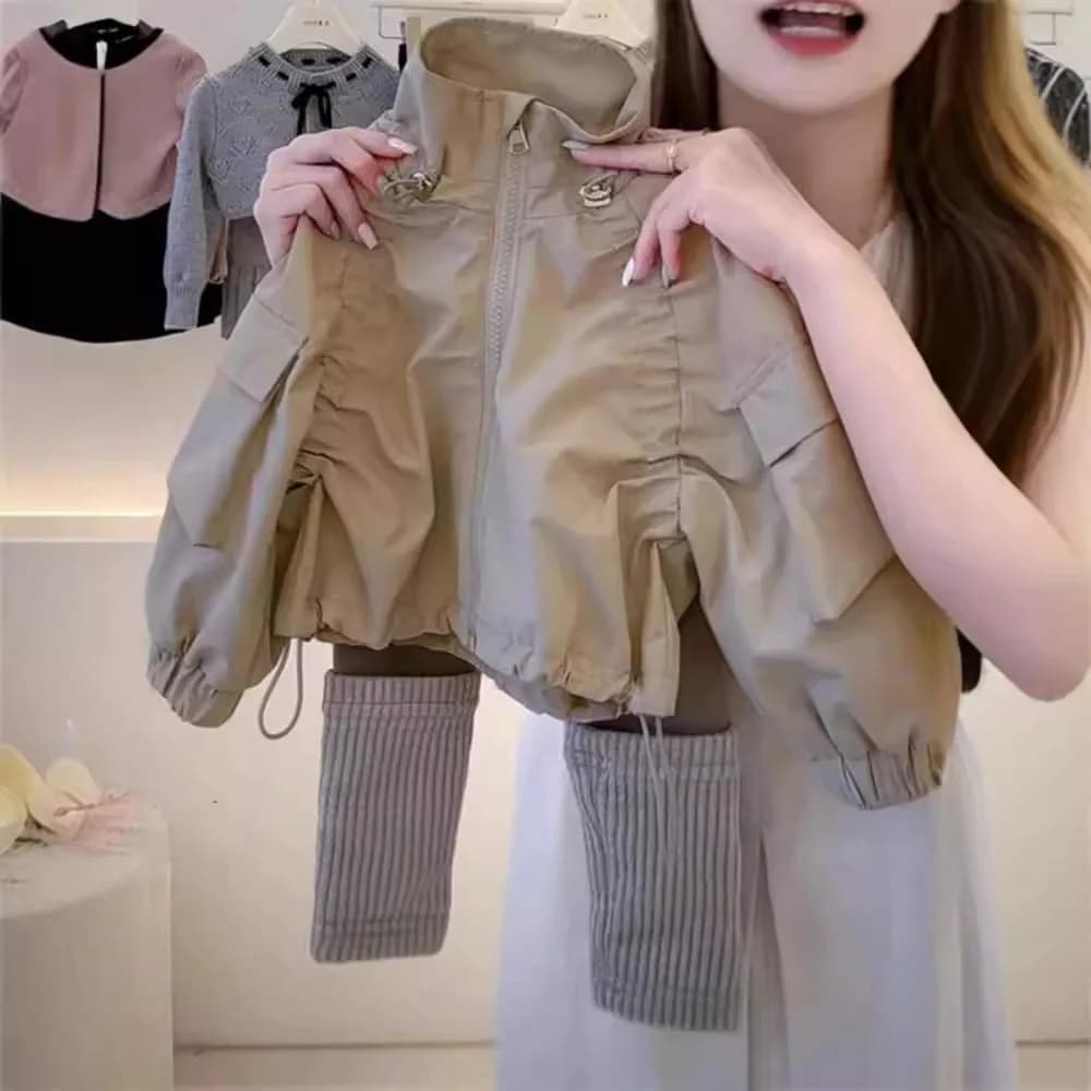 Cappotto kaki primaverile e autunnale da ragazza, nuovo stile primaverile e autunnale, set da due pezzi con leggings marroni eleganti per bambina
