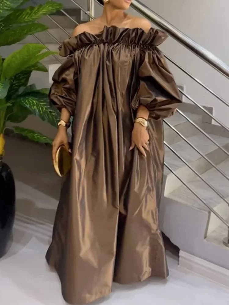 2026 New Women's Dress Solid Brown Elastic Off-the-shoulder Puff Sleeve Loose Maxi Dress Spring Autumn Casual Party Dresses