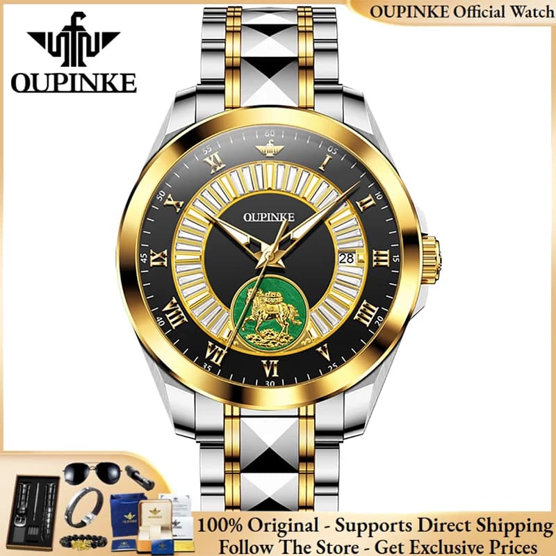 OUPINKE 3320 Orologi originali di marca per uomo, confezione regalo di lusso, orologio meccanico da uomo con cinturino in acciaio e diamanti