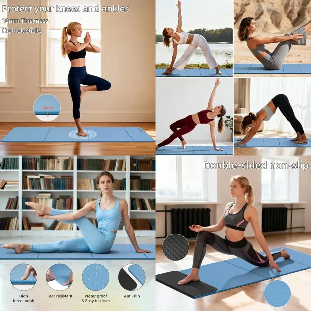 10 mm thick folding yoga mat - XL TPE anti-slip exercise pad for home, travel and pilates