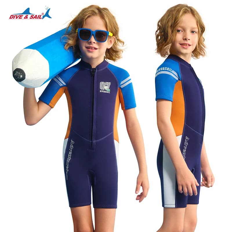 Muta in neoprene da 1,5 mm per ragazzi/ragazze, tuta subacquea a manica corta, perfetta per nuoto, surf, sport acquatici