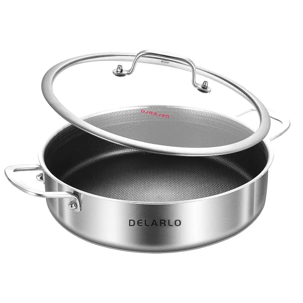 Padella Profonda in Acciaio Inox Tri-Ply da 10 Pollici, 3QT, con Coperchio, Compatibile con Induzione, Padella da Chef con Coperchio, Piatto da Forno