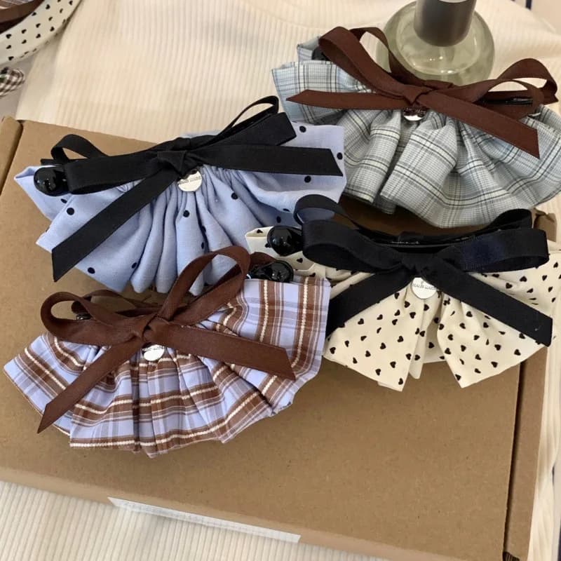 Fermaglio a banana vintage a quadri con fiocco per donna, elegante fermacoda con volant, fermaglio francese per capelli semi-arricciati, accessori per capelli