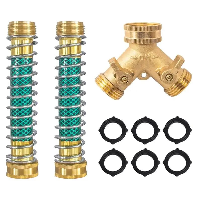 Raccordo a Y per Tubo da Giardino in Ottone da 3/4'' a 2 Vie per Impieghi Gravosi con 2 Protezioni a Molla per Tubo