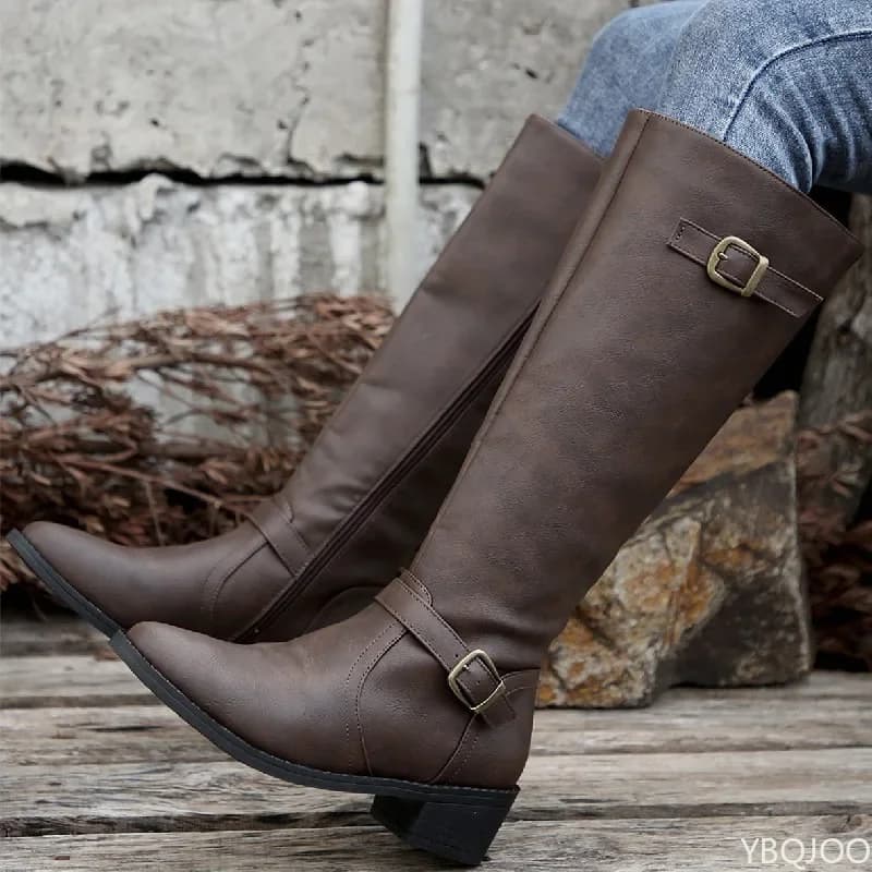 Retro minimalist Pleated Buckle shoes Women Autumn Fashionable versatile shoes Woman comfortable non-slip thick heel boots