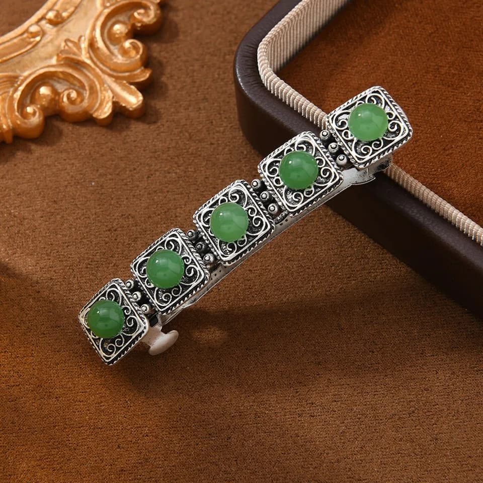 Vintage Silver Hair Clip with Intricate Green Beads and Filigree, Perfect for Adding a Traditional Oriental Touch