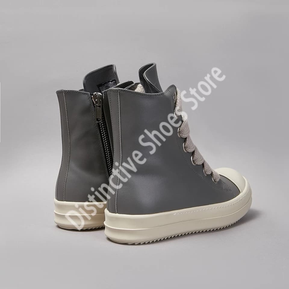 Luxury High Top Women Shoes Ro Men Shoes Brand Jumbo Lace Sneaker Quality Grey Leather Casual Thick Sole Side Zipper Street Flat