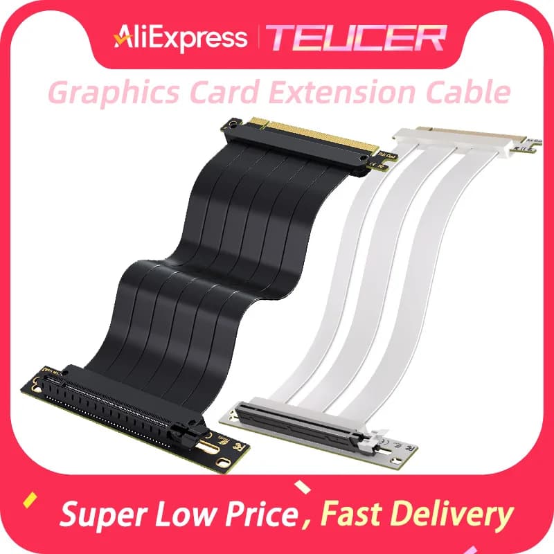 TEUCER PCI-E5.0/4.0/3.0 x16 Riser Cable Video Card Extension Shielded Flexible 90° Mounting GPU Extension Cord Black/White