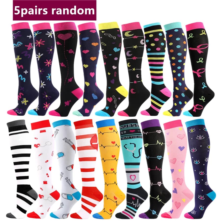 5 Pairs Random Athletic Compression Socks for Men and Women - Hiking, Basketball, Football, Rugby