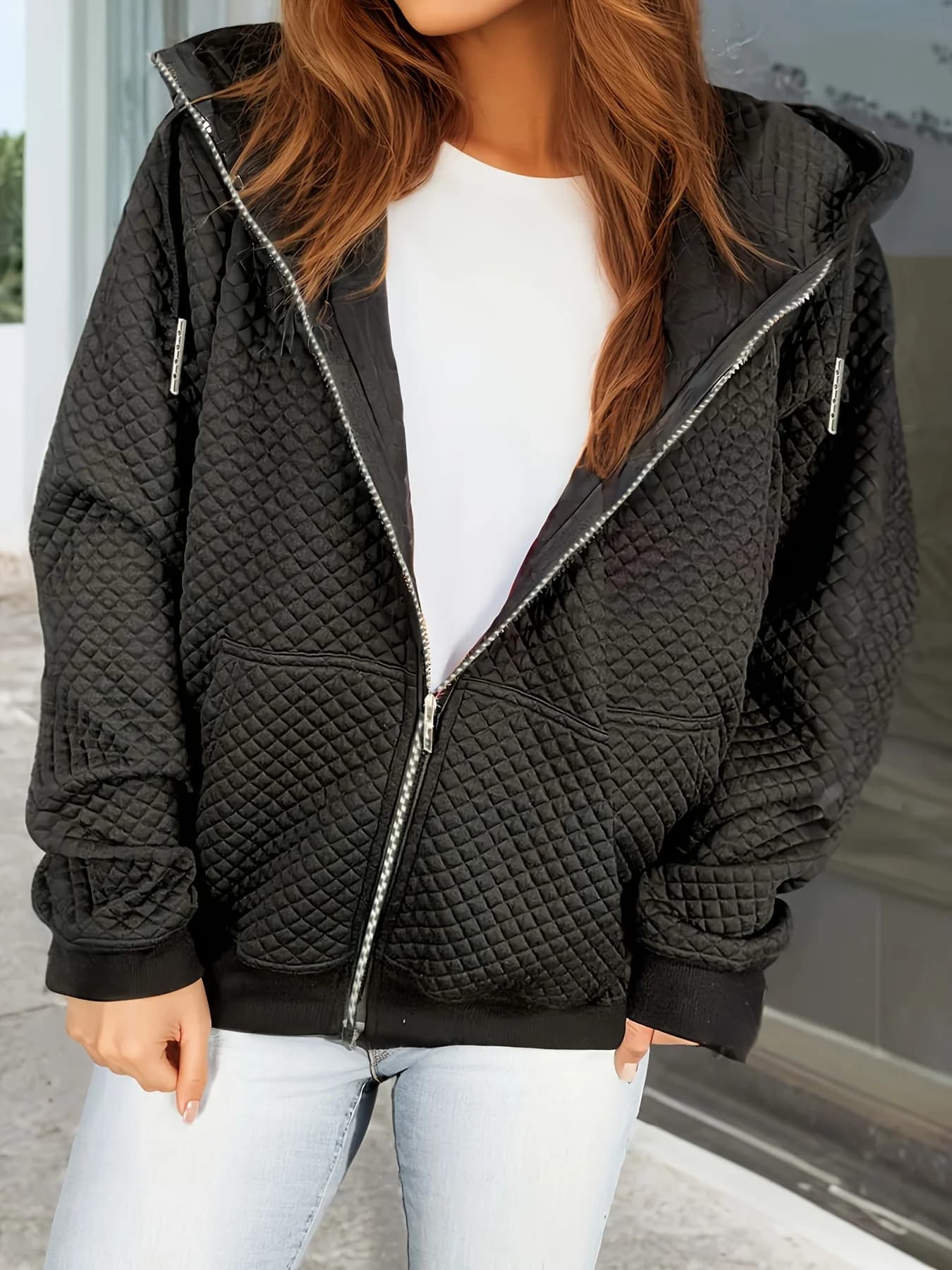 Cappotto giacca dimagrante con cappuccio scozzese moda casual da donna taglie forti