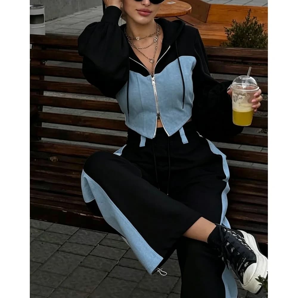 Completo da 2 pezzi Colorblock Spalla fredda Manica lunga Felpa con cappuccio con coulisse Top e casual Decorazione a righe a contrasto Elastico in vita Jogge