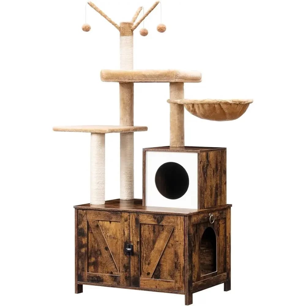 Albero per Gatti in Legno Marrone Rustico con Lettiera Integrata e Tiragraffi - Offerta a Tempo Limitato
