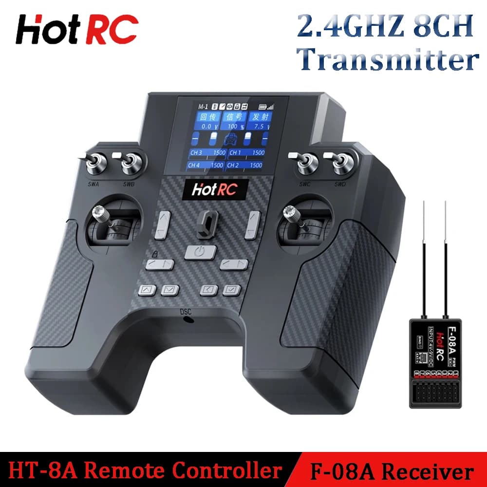 HOTRC HT-8A FHSS Telecomando Trasmettitore 2.4GHZ 8CH con ricevitore F-08A per modello RC Elicottero Aereo Aereo Auto Nave