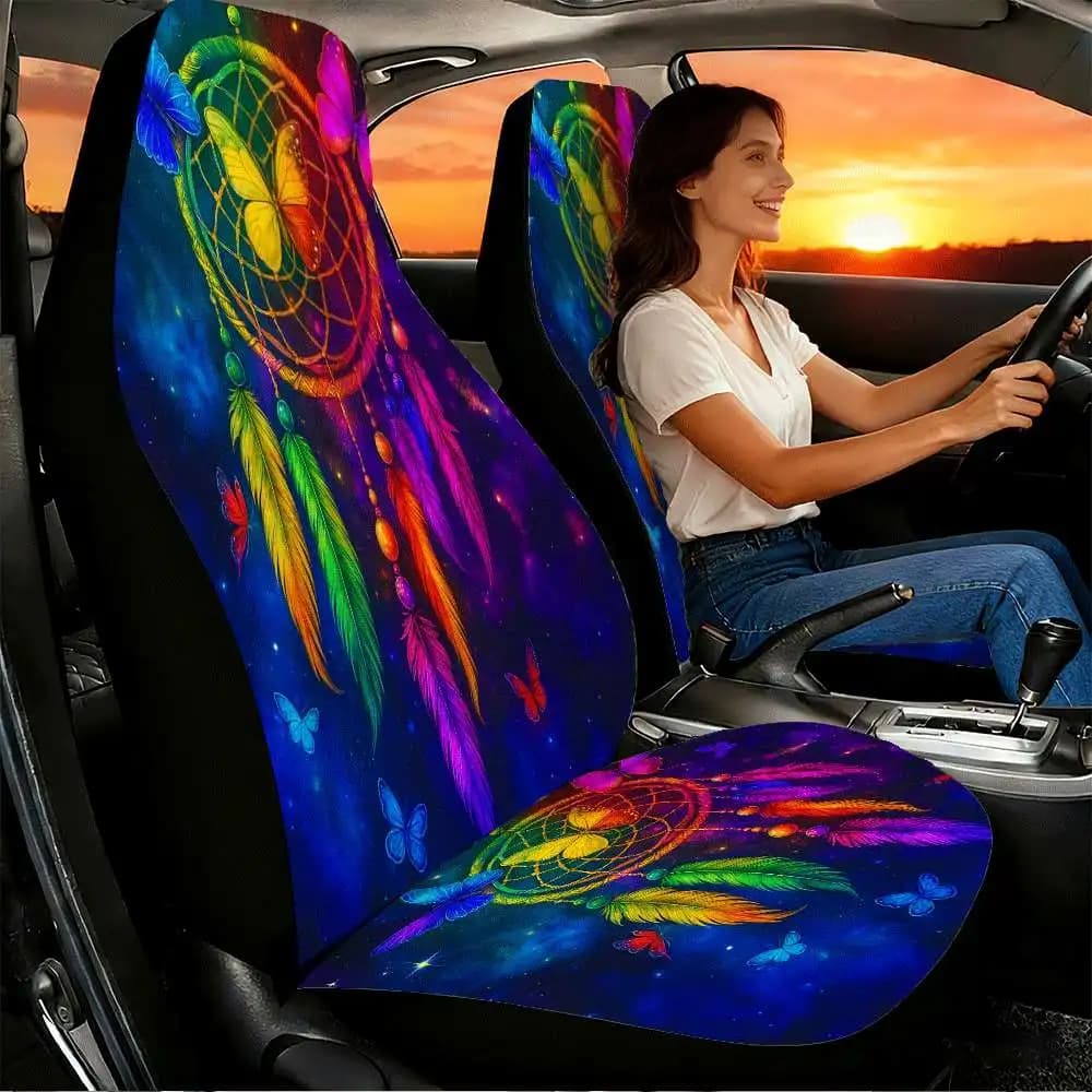 2pcs Colorful Dreamcatcher With Butterflies Car Seat Covers Suitable For Front Seats, High Back Design, Material, Suitable For C