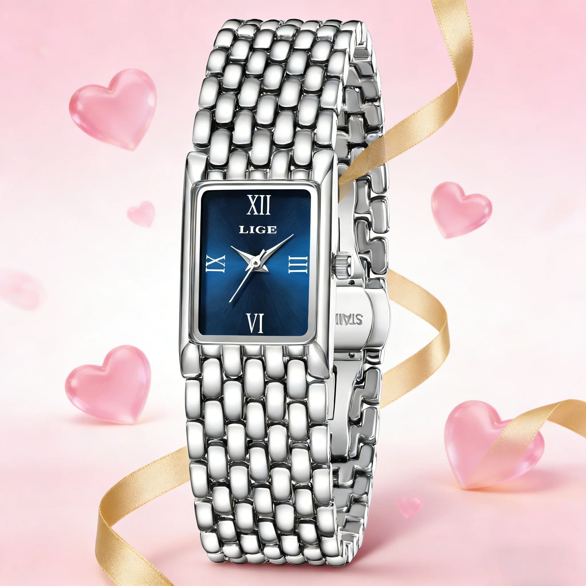 LIGE Orologio da donna in argento Orologio da polso al quarzo quadrato da donna Orologio in oro con quadrante romano in acciaio inossidabile per ragazza Regalo di San Valentino + scatola