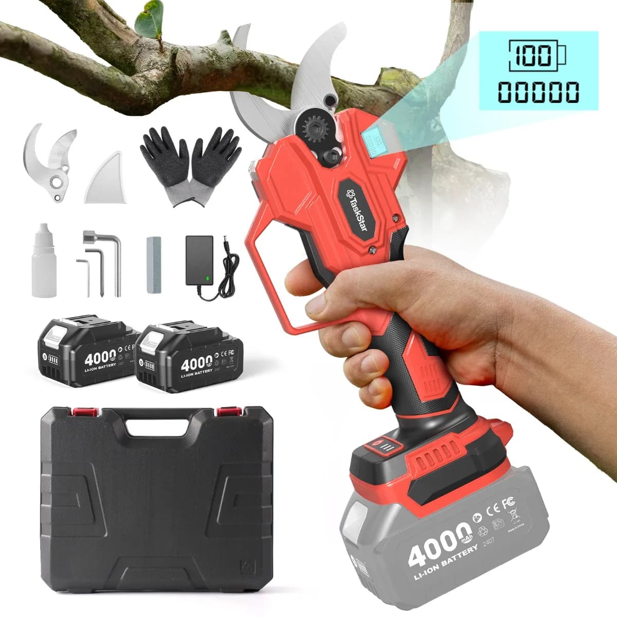 TaskStar 40MM Cordless Pruning Scissors 3-gear Adjustable Electric Pruning Shears with SK5 Blade & LED Display & 2 4000mAh Batteries, Portable Electric Branch Cutter for Garden Fruit Tree Vine Pruning