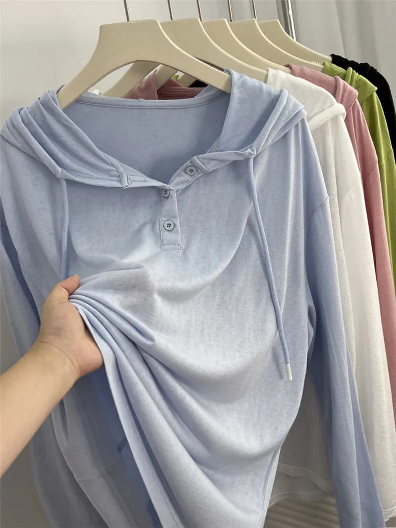 Ladies Summer Loose Fit Long Sleeve Ice Silk Hoodie T-Shirt Lightweight Cool Feeling Air Conditioning Overhead Cover up