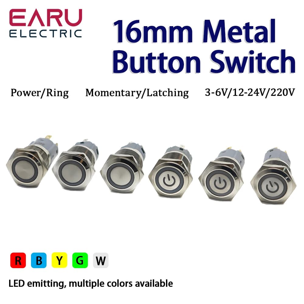 16mm Interruttore a pulsante in metallo Anello Lampada Simbolo di alimentazione Bottoni Impermeabile Testa piatta Momentaneo A scatto Luce a LED Autobloccante 1NO1NC