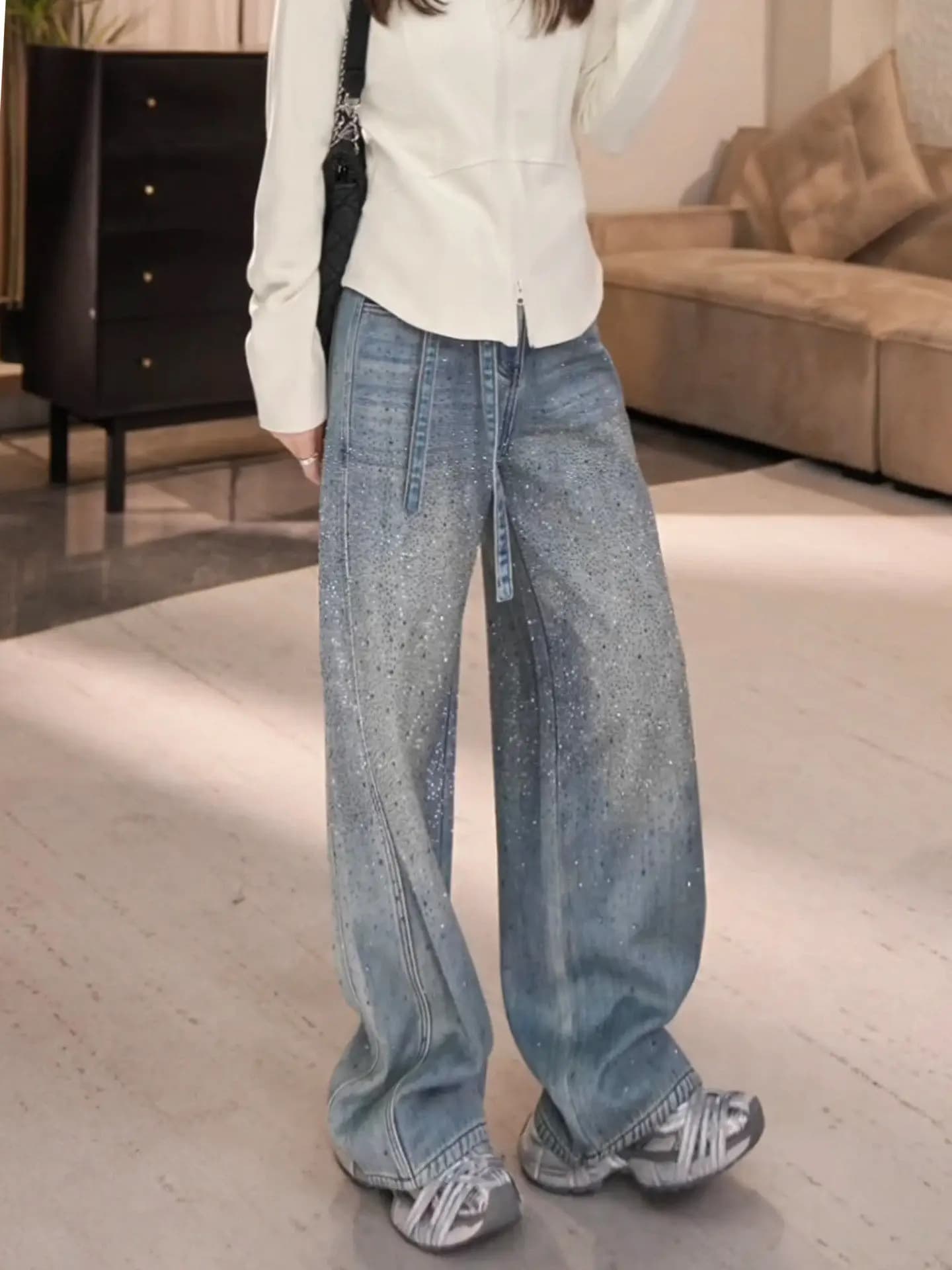 Jeans in denim a vita alta da donna, foderati in pile, a gamba larga, con ricami elaborati, nuovo stile invernale, casual, a gamba dritta, lunghi fino al pavimento