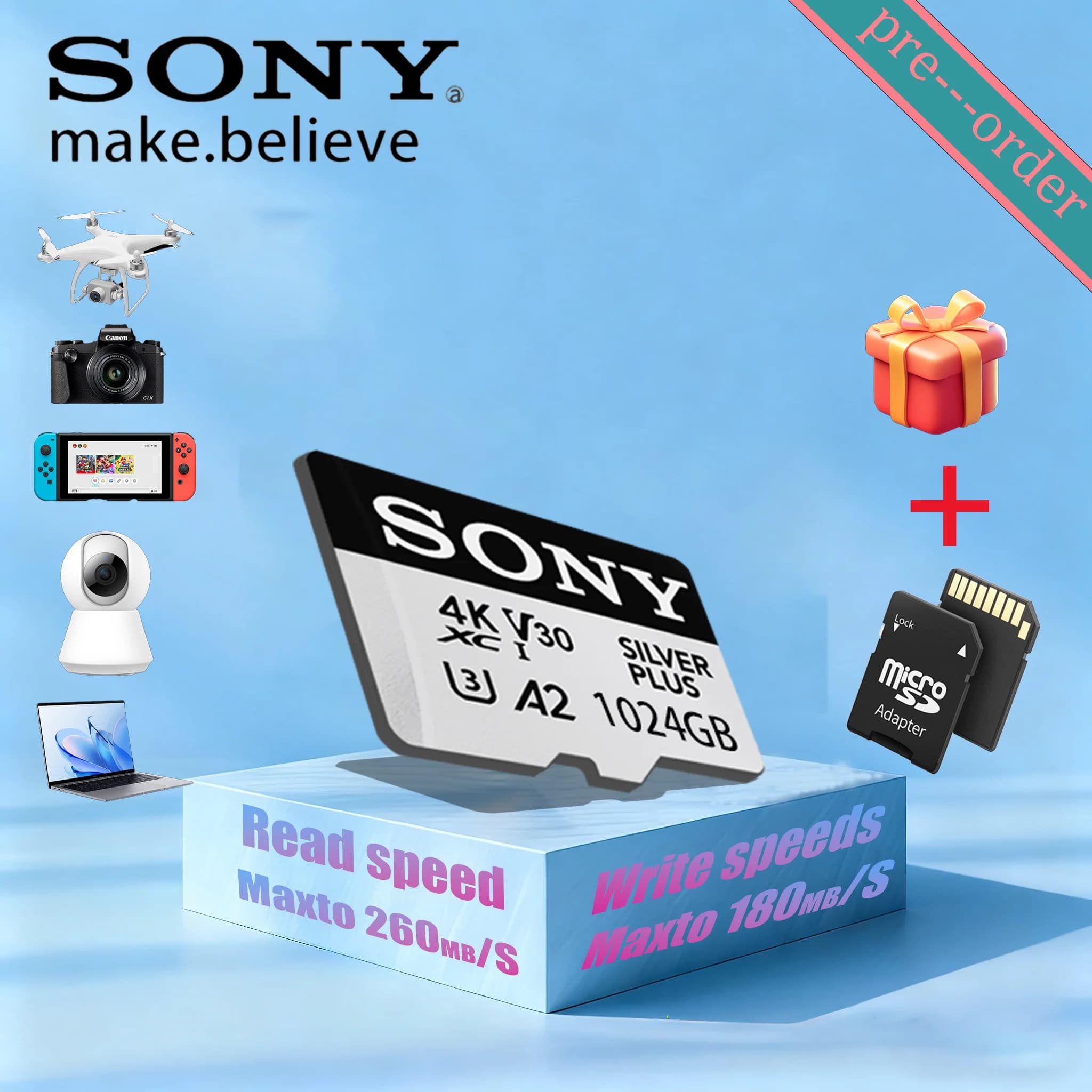 Scheda Micro SD Originale SONY ad Alta Velocità U3 V30 64GB 128GB 256GB 512GB 1TB, Scheda di Memoria TF per Telefono, Fotocamera, Drone, Tablet PC