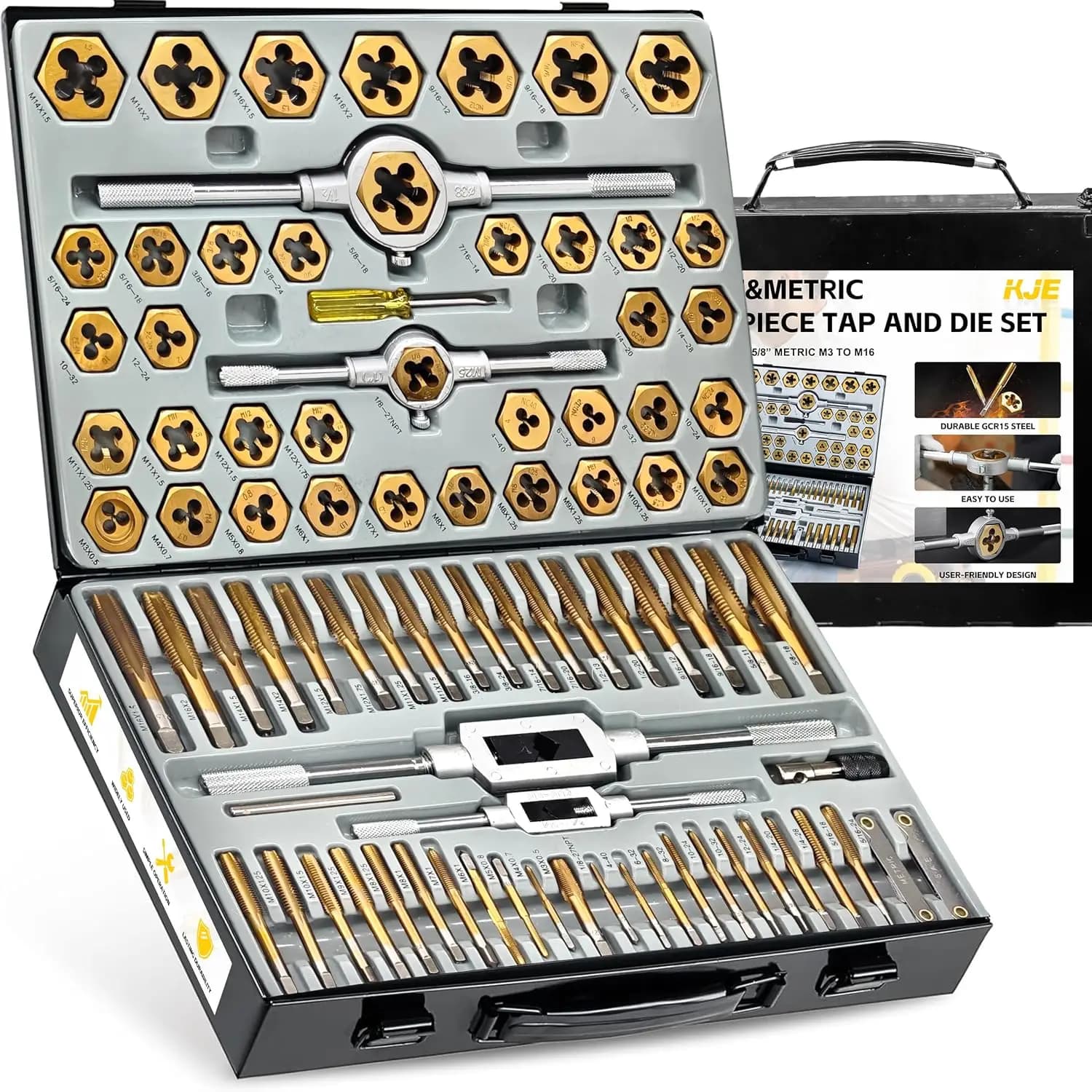 Set di 86 Pezzi di Maschi e Filettiere SAE e Metrici # Kit di Utensili per Filettatura da 4 a 5/8" (da M3 a M16), per Filettature Interne/Esterne, Filettatura Grossa/Fine