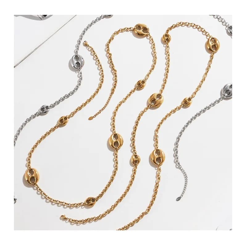Mystery Fashion Fine Polished Surface Hollow Coffee Bean Long Sweater Chain Plated with Real Gold Stainless Steel Stacked Neckla