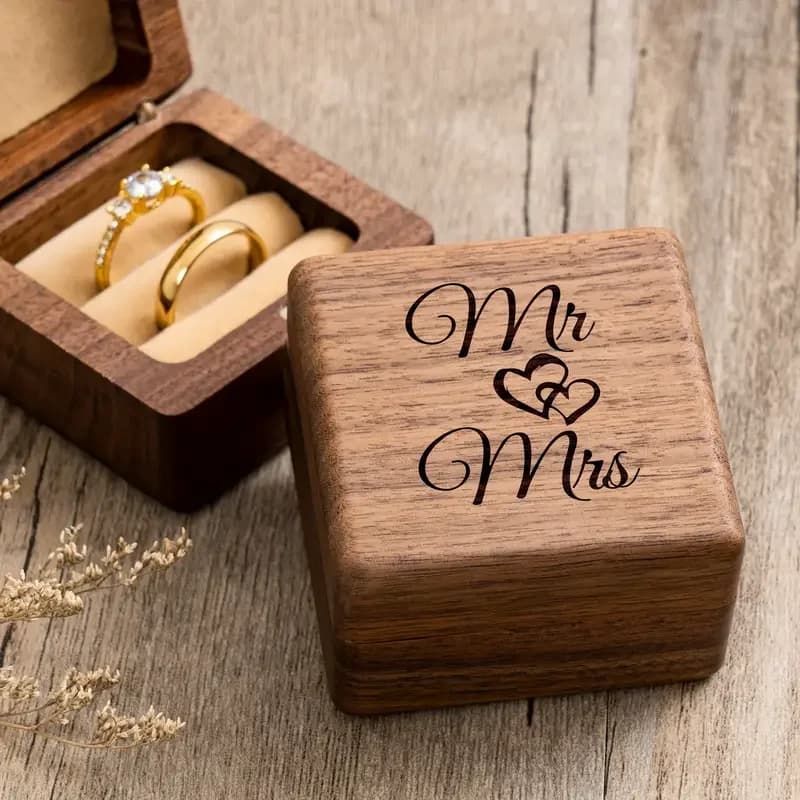 Proposta di fidanzamento Cerimonia di nozze Scatola per anelli in legno di noce incisa Mr & Mrs, scatola per porta anelli per 2 anelli, esposizione di regali di lusso