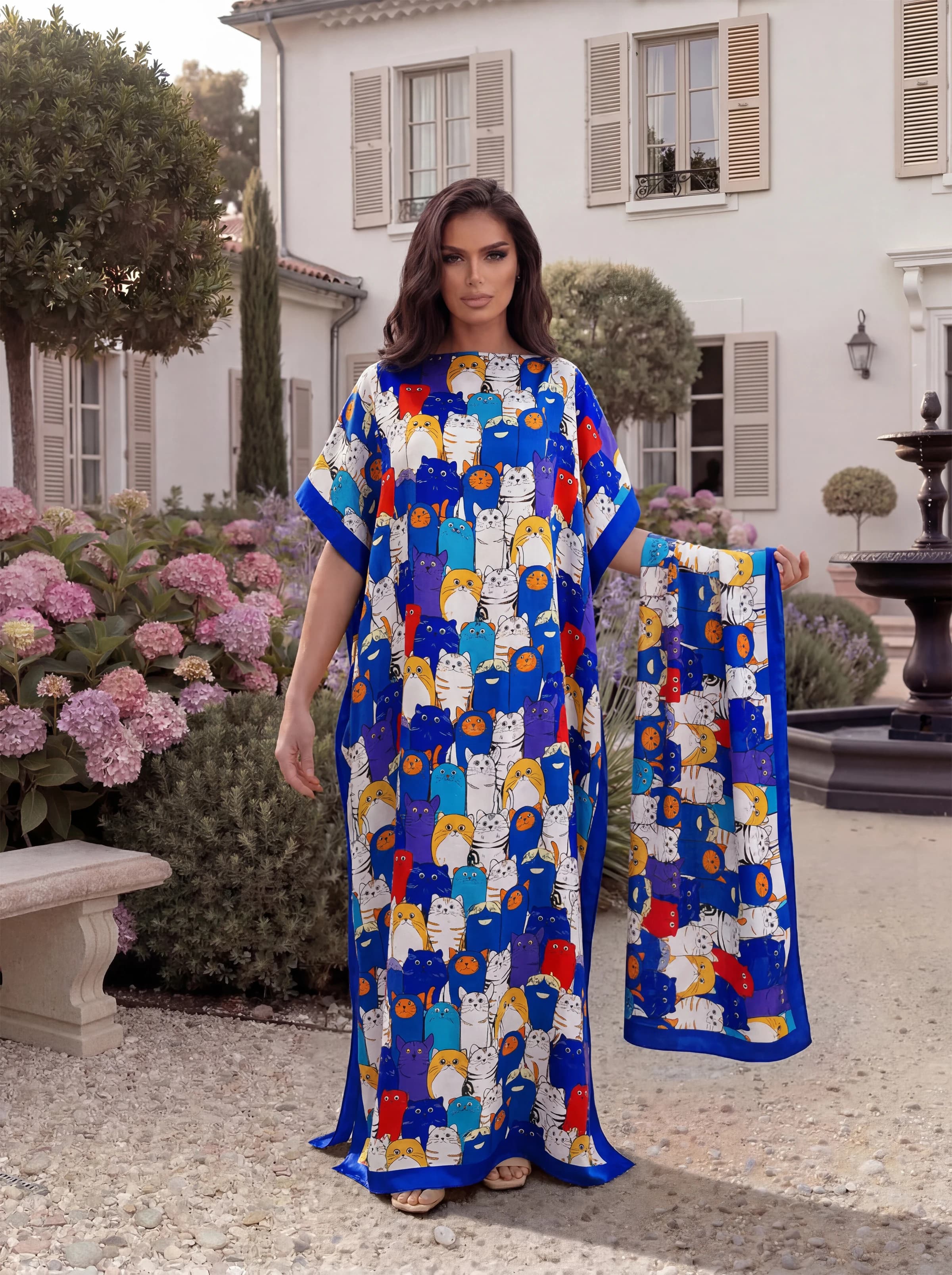 Cute Allover Cartoon Cat Print Satin Abaya Scarf Set, Loose Batwing Maxi Kaftan For Muslim Women Summer Beach Holiday Wear