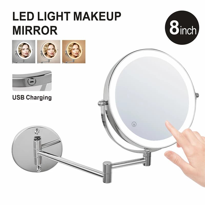 Specchio per il trucco a LED da bagno intelligente ricaricabile da 8 pollici ingrandimento 5X 7 x10x specchi tattili a doppio lato regolabili con luce a 3 colori