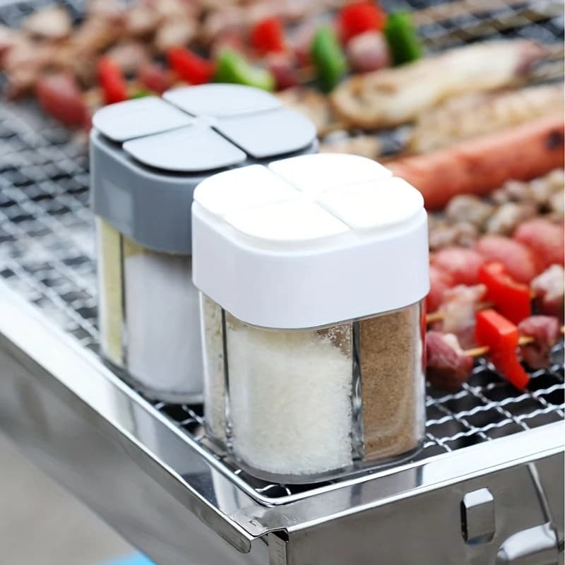 1PCS 4 in1 Camping Seasoning Shaker Multi-Purpose Spice Jar with Lid Compartment For Outdoor BBQ Cooking Salt Pepper Storage Box