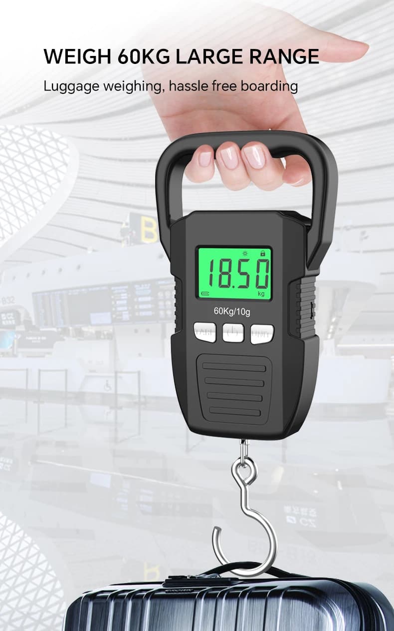 Bilancia Digitale Portatile 60kg 10g, Bilancia Elettronica per Bagagli con Batteria/Ricarica USB, Display LCD, Bilancia per Pesca