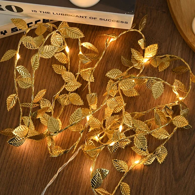 2m 20LED Foglie dorate Vite Stringa di luce Stringa di ferro PVC Fiore artificiale Matrimonio Fiore finto Ornamento Festival Decorazione della casa