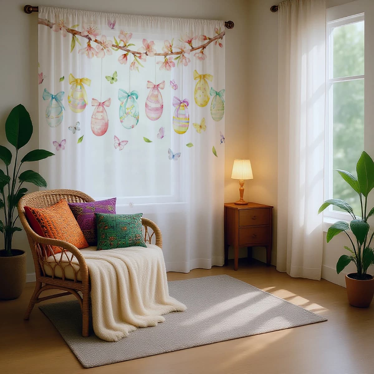 Tenda trasparente per uova di Pasqua da 1 pezzo - Tenda per finestra con palo con motivo a uovo e fiori di ciliegio per decorazioni primaverili