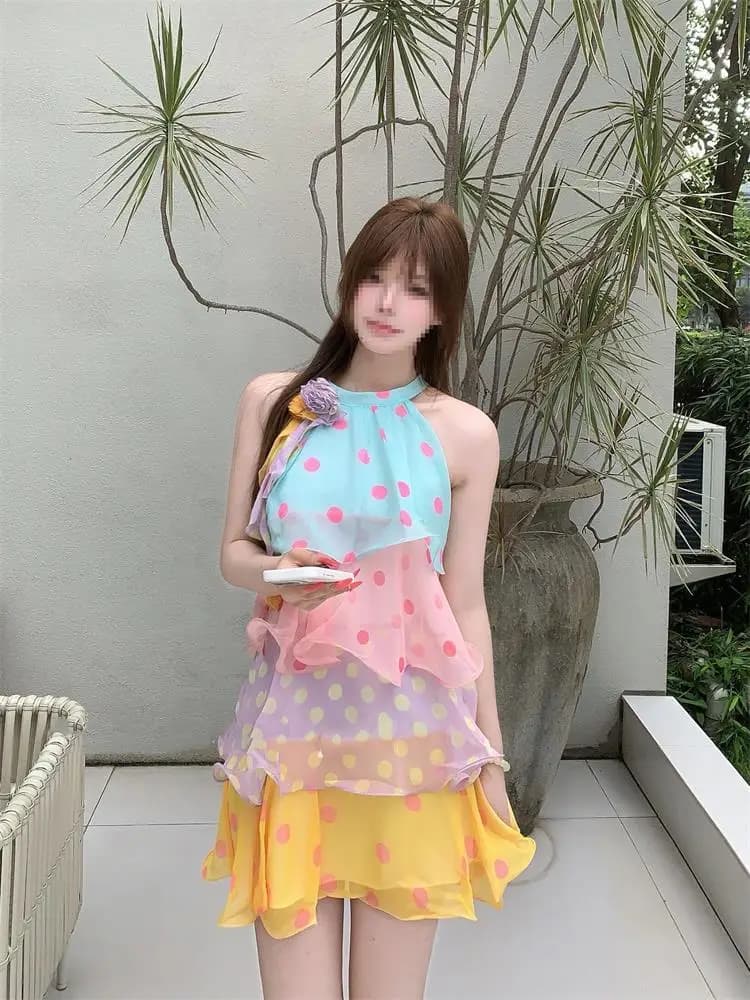 Summer Bright Polka Dot Dress Sweet Sleeveless Neck Hanging Short Skirt Commute Style High Waist A-Line Polyester Fiber