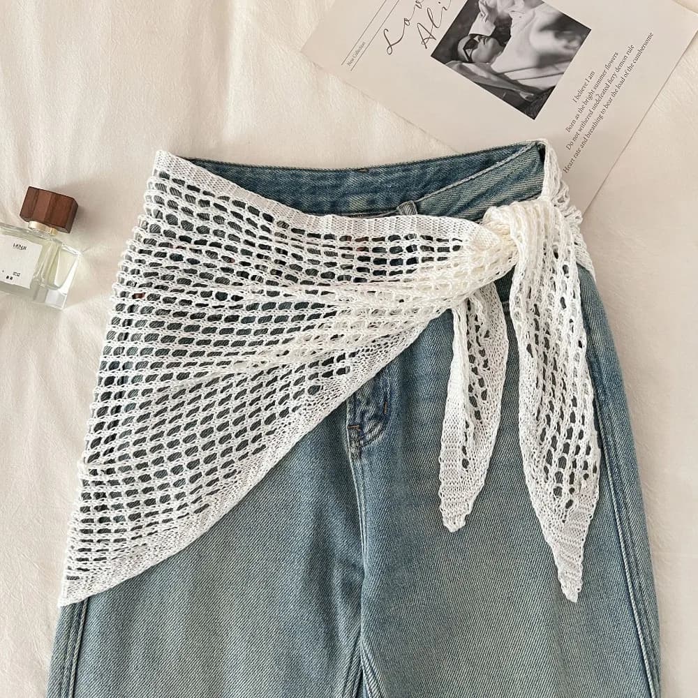Solid Color Triangular Shawl Y2K Korean Knitted Hollow Out Scarf Neckerchief Bohemian Waist Belt Scarf Clothing Accessories