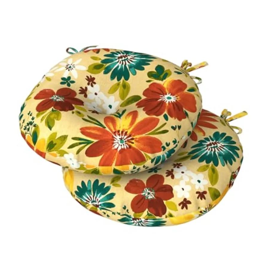 Set di 2 Cuscini Rotondi per Sedie da Esterno 38x38x10 cm con Lacci, Cuscini Trapuntati Idrorepellenti per Sedie da Bistrot, Imbottiture Spesse per Sedie da Patio