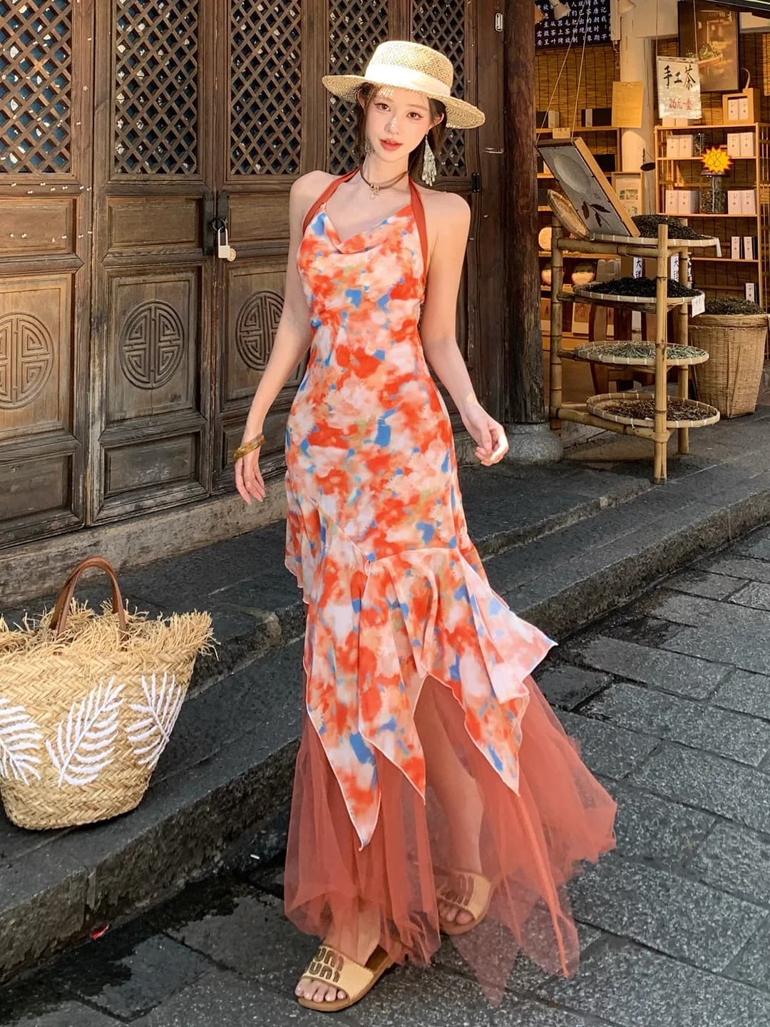 French Style Floral Print Halter Neck Midi Dress Women's Bright Summer Gown Mesh Splice Skirt Casual Chic Spring Autumn Dress