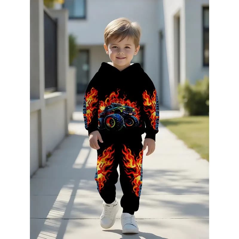 Kids Hoodie Jogger: Flame Truck Print, Color Block Signature, Excavator Letter, 67 Number, Volcano Dino, Basketball Tracksuit