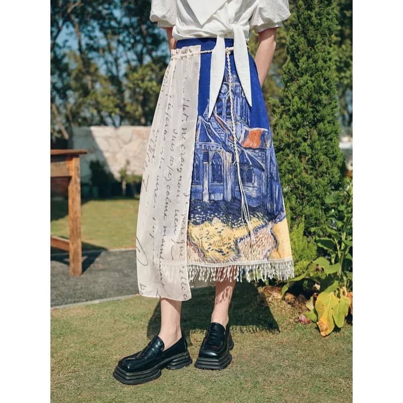 Van Gogh-Inspired Midi Skirt with Tassel & Patchwork Print